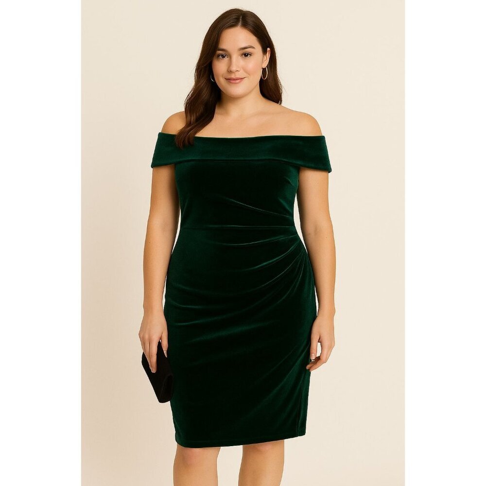 Vince Camuto Off-The-Shoulder Green Velvet Cocktail Holiday Party Dress Size 14 - Picture 3 of 16
